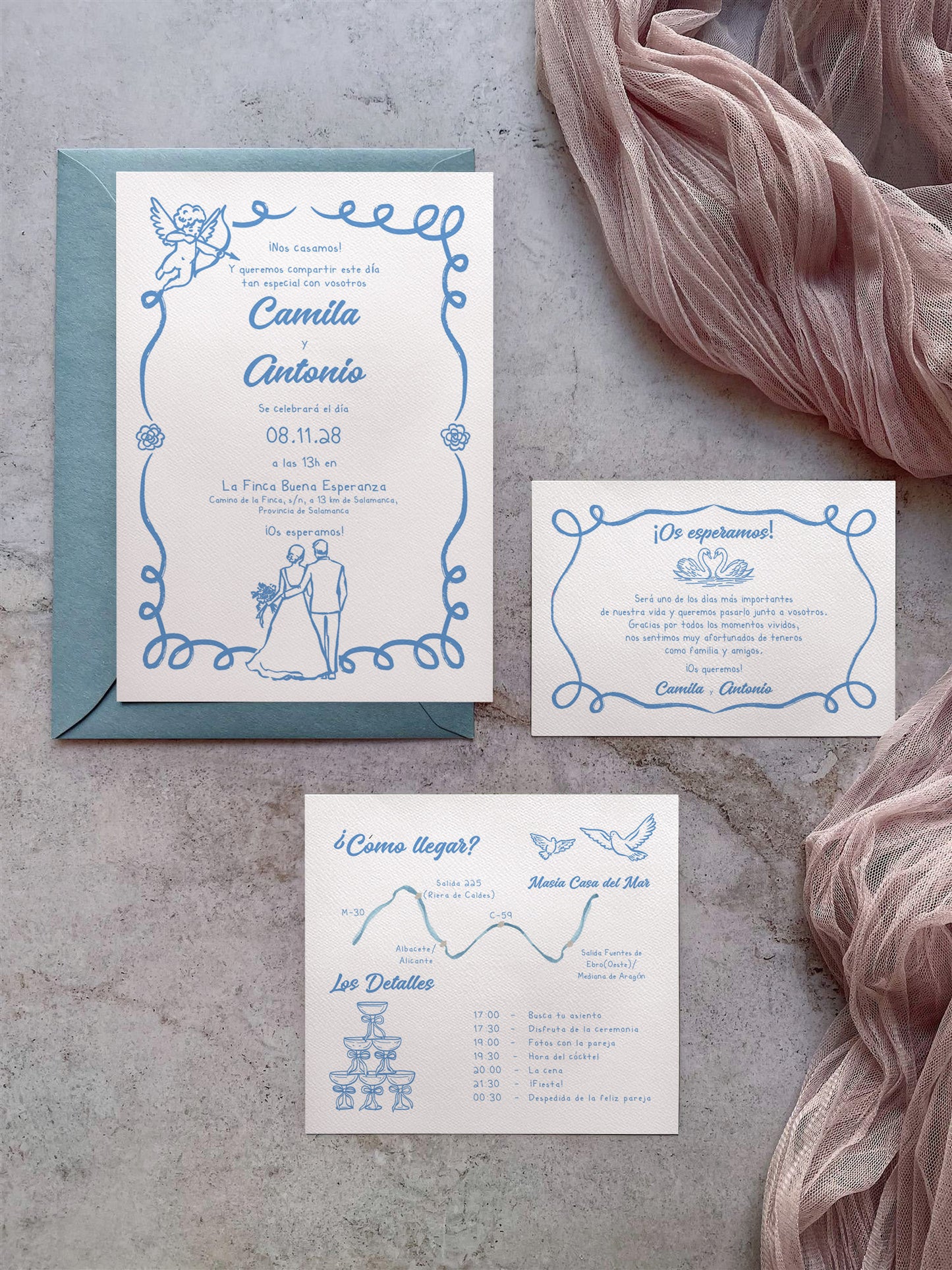 Invitación de Boda Ilustrada Azul