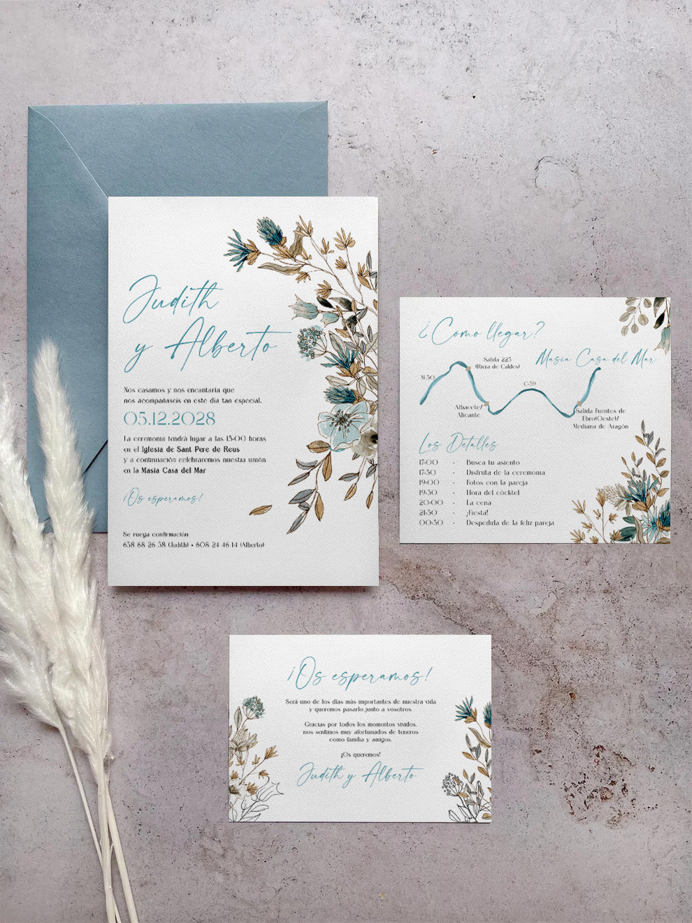 Invitación de Boda Flores Azul Empolvado