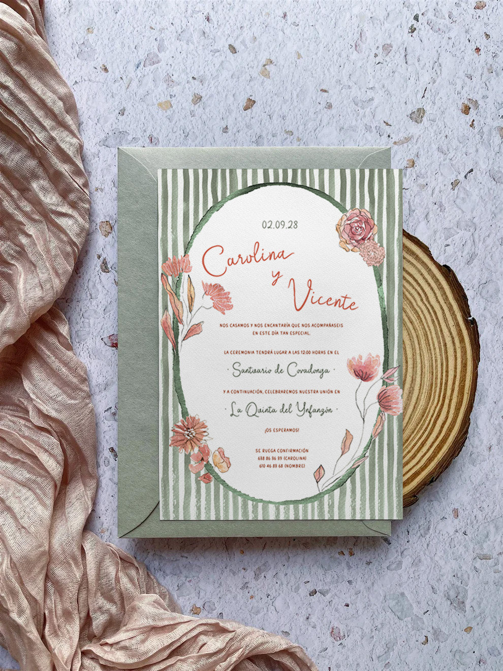 Invitación de Boda Flores y Rayas Verdes