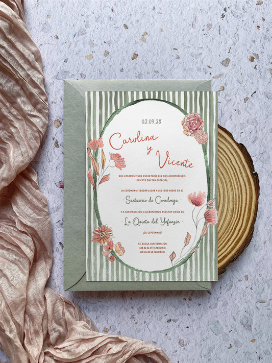 Invitación de Boda Flores y Rayas Verdes
