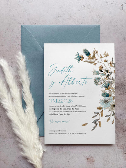 Invitación de Boda Flores Azul Empolvado