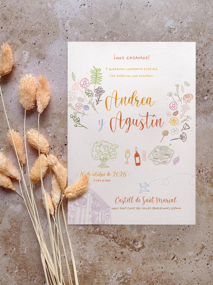 Invitación de Boda Ilustración Lineal