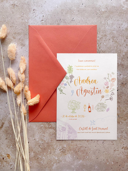 Invitación de Boda Ilustración Lineal