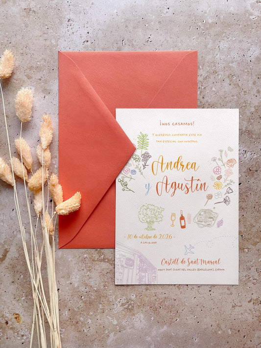 Invitación de Boda Ilustración Lineal
