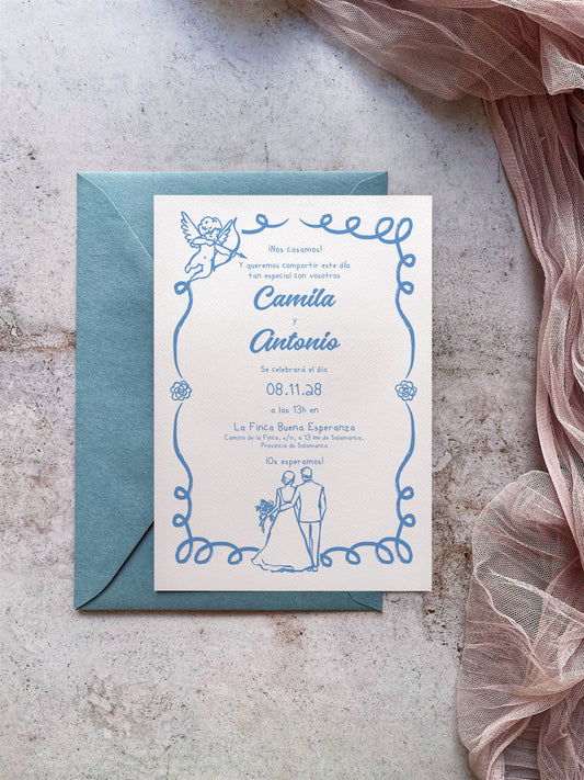 Invitación de Boda Ilustrada Azul