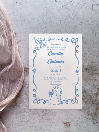Invitación de Boda Ilustrada Azul