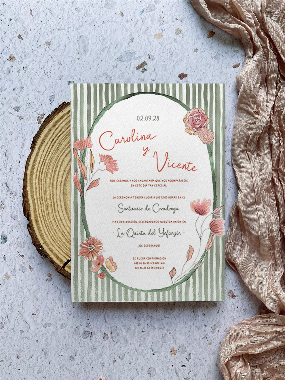 Invitación de Boda Flores y Rayas Verdes