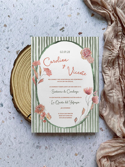 Invitación de Boda Flores y Rayas Verdes