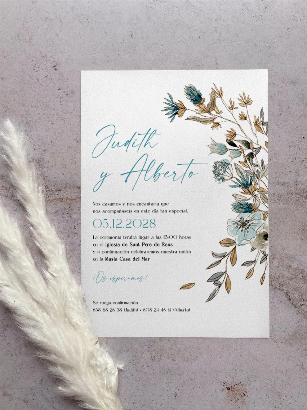 Invitación de Boda Flores Azul Empolvado