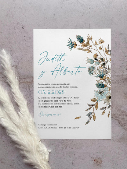 Invitación de Boda Flores Azul Empolvado