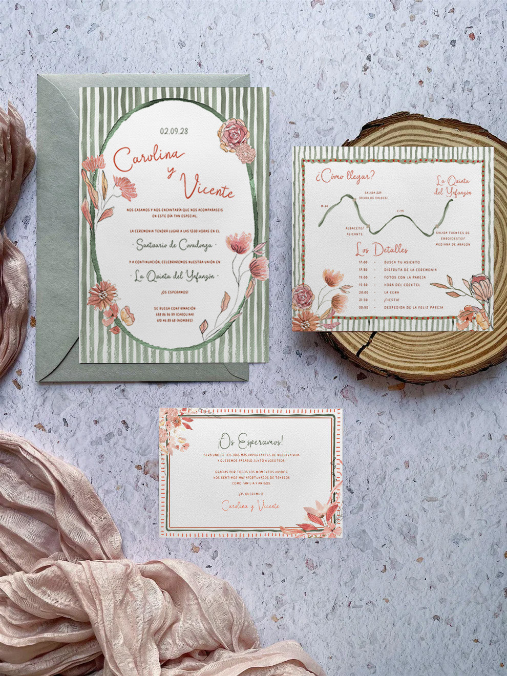 Invitación de Boda Flores y Rayas Verdes