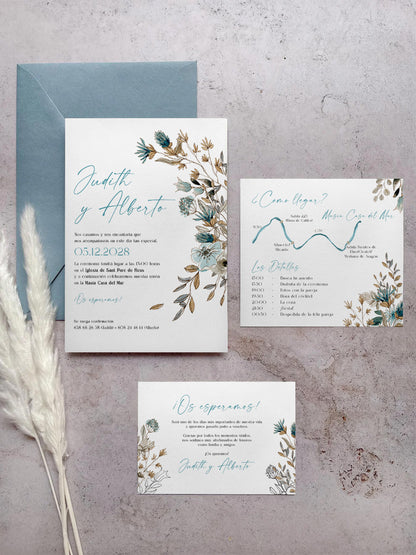 Invitación de Boda Flores Azul Empolvado