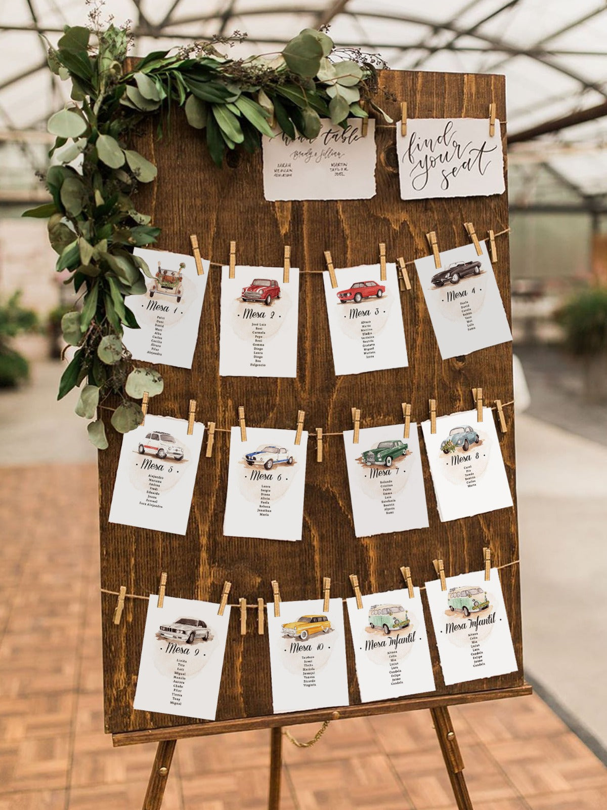 Seating plan de coches en acuarela 