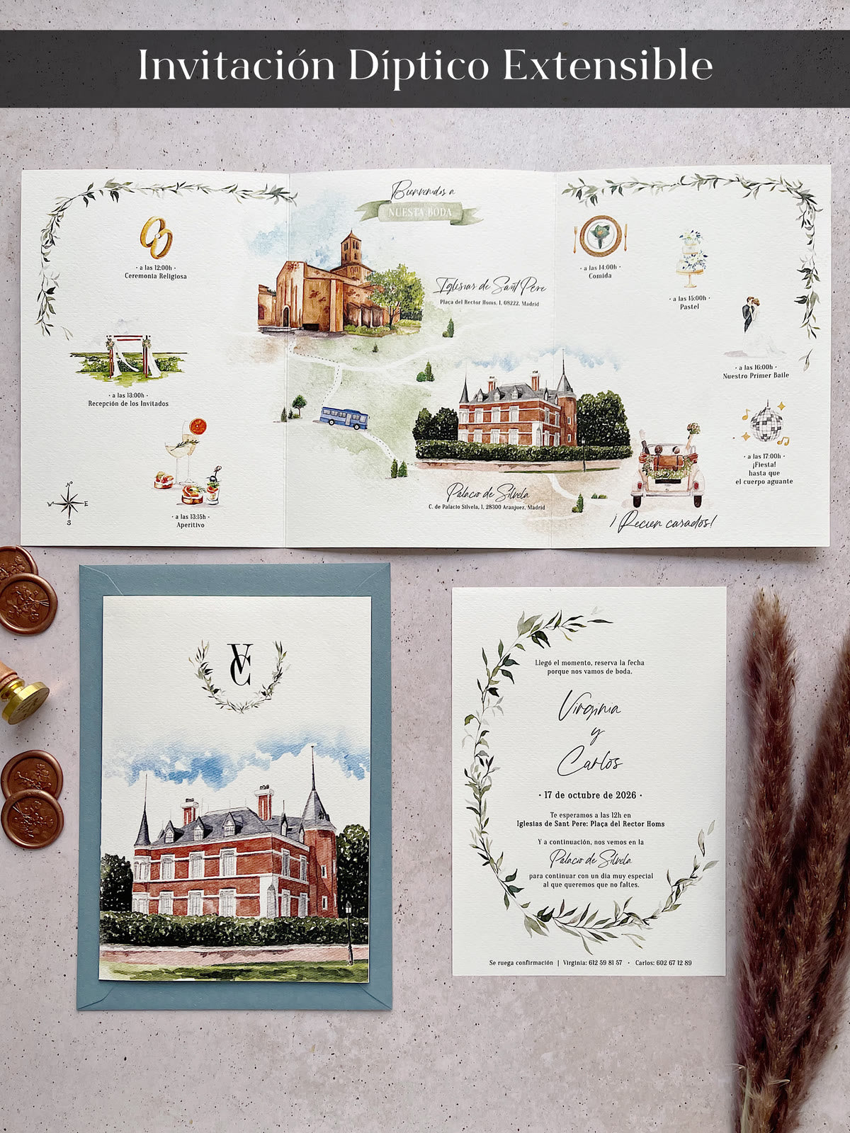 Invitación Díptico extensible con itinerario de boda ilustrado