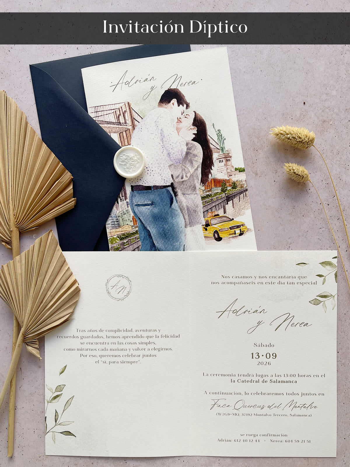 Invitación de boda en formato Díptico con retrato en acuarela