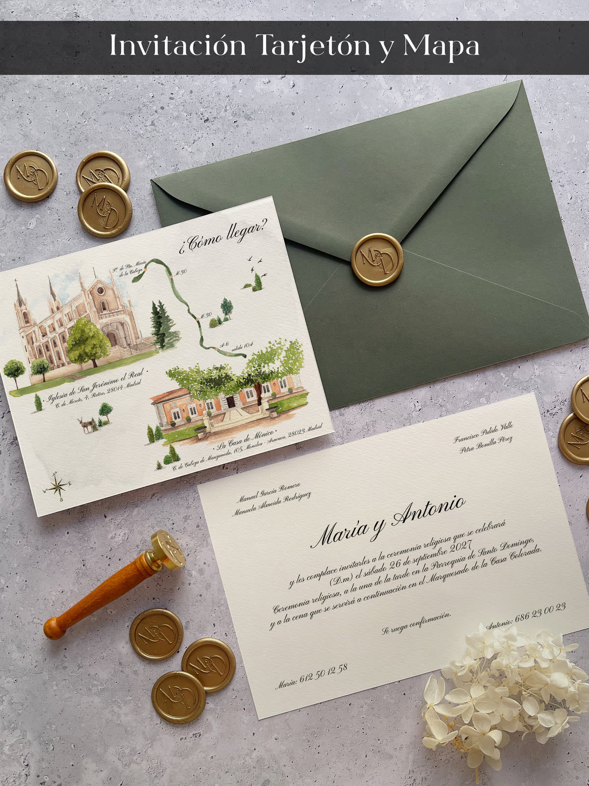 Invitación Tarjetón con mapa ilustrado y sobre verde
