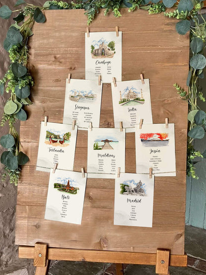 Seating plan de paises en acuarelas