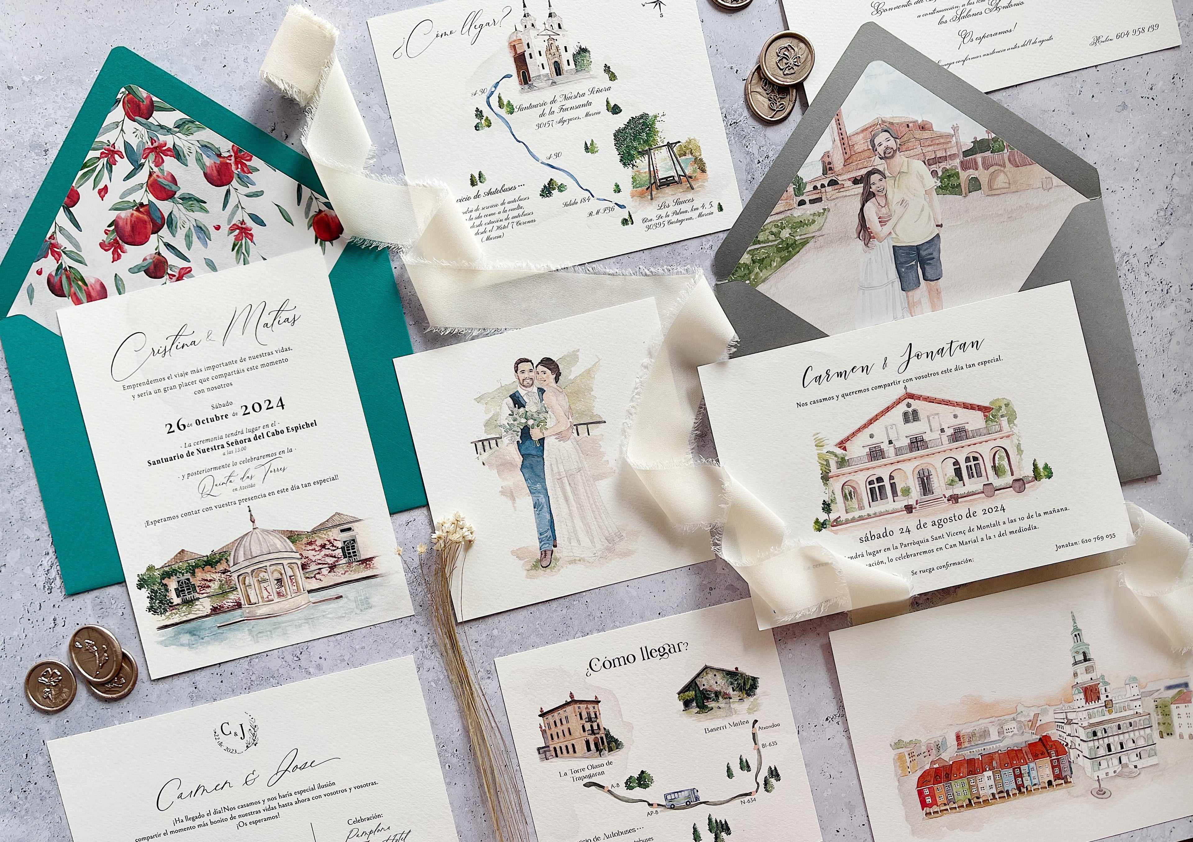 invitaciones de boda con acuarelas personalizadas