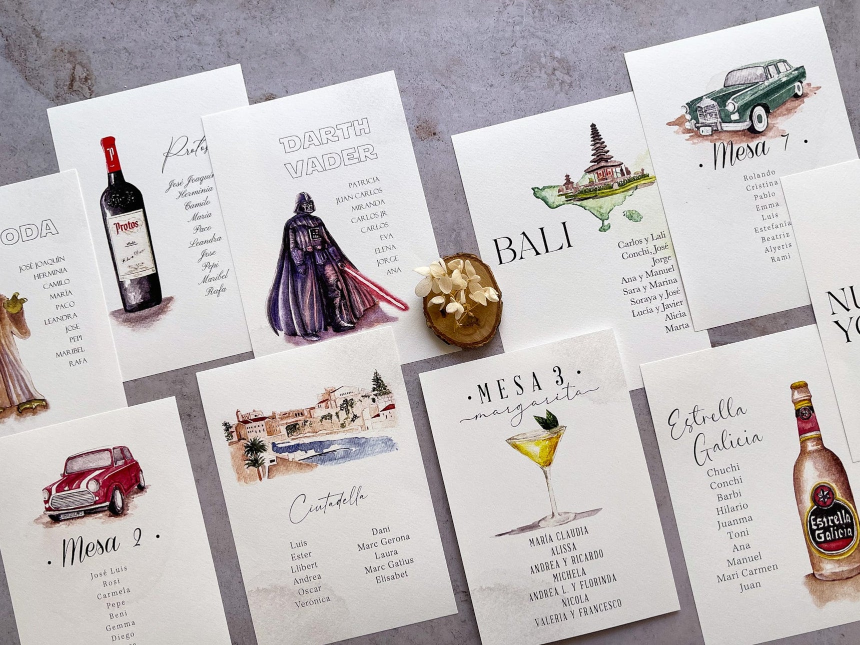 Seating plan tematico pintado con acuarelas 