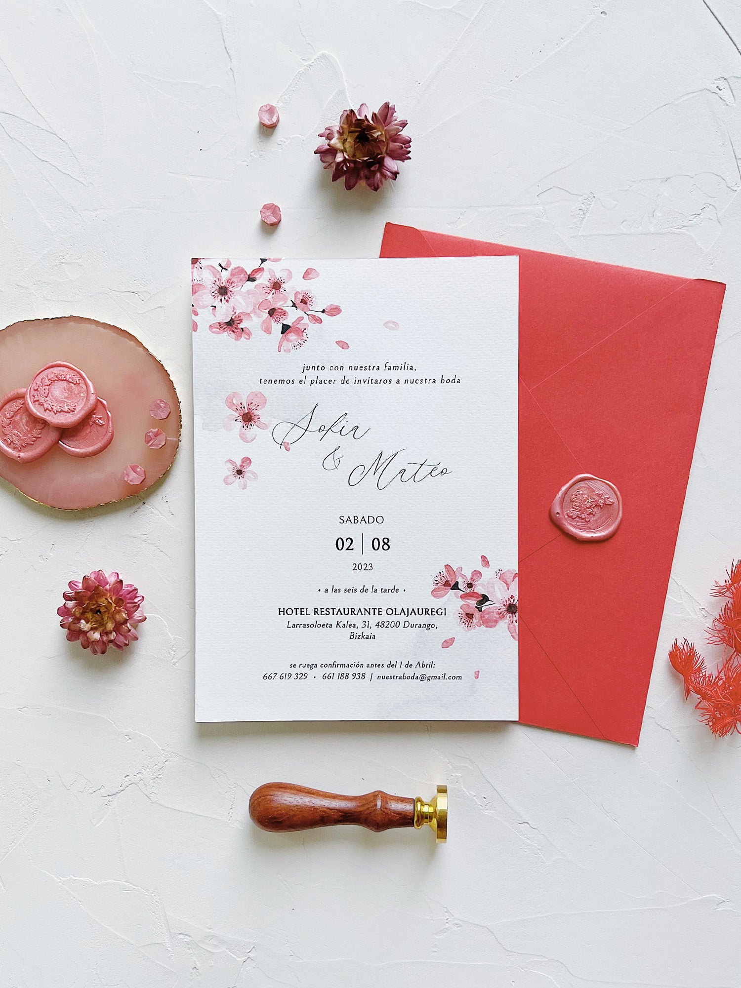 tarjeta de boda hojas cerezo 