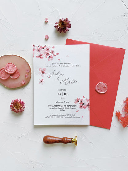 tarjeta de boda hojas cerezo 