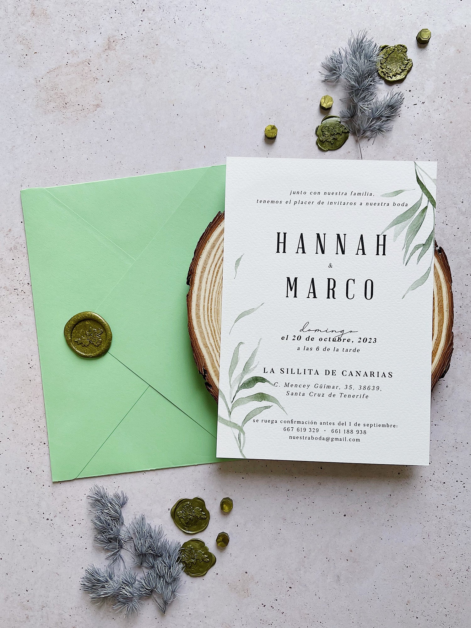 Invitación de Boda Hojas Verdes y elegantes