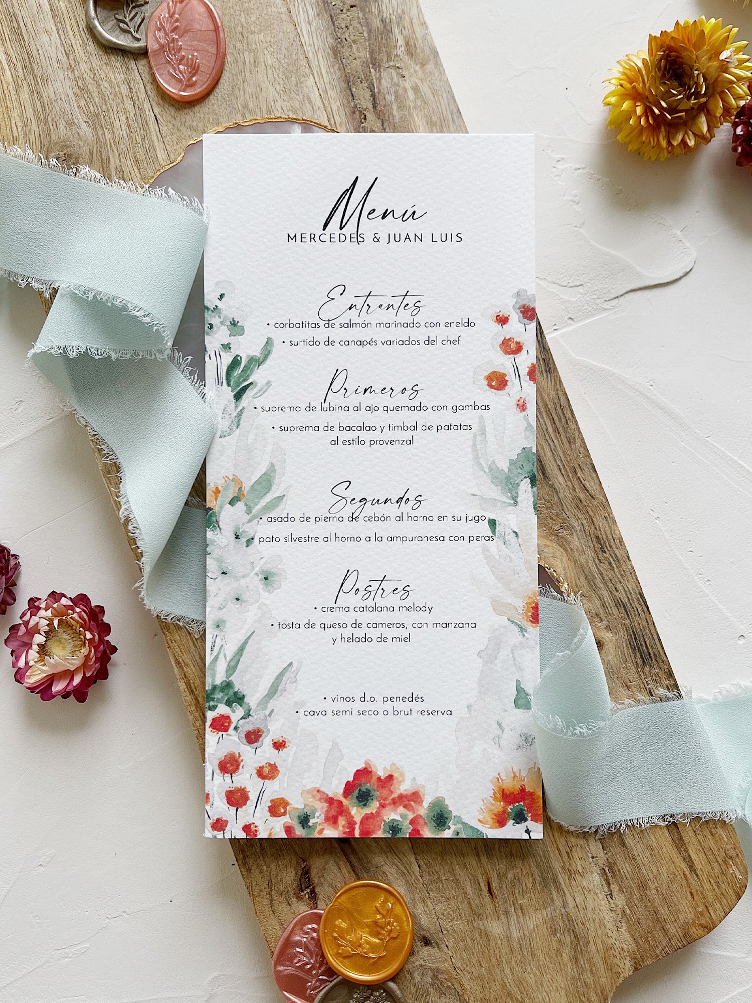 Menú de Boda Flores Acuarelas